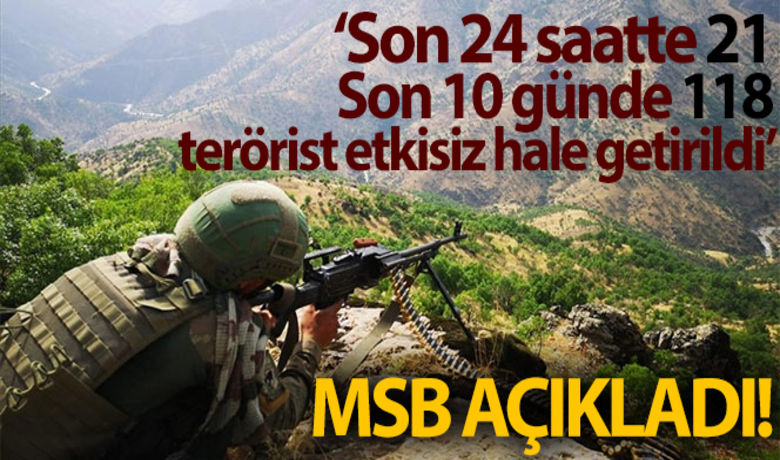 MSB: 'Son 24 saatte 21, son 10günde 118 PKK/YPG'li terörist etkisiz hale getirildi' - Milli Savunma Bakanlığı, terörle mücadele kapsamında Irak ve Suriye kuzeyinde yürütülen operasyonlarda son 24 saatte 21, son 10 günde ise toplam 118 PKK/YPG’li teröristin etkisiz hale getirildiği bildirdi.BUGÜN NELER OLDU?